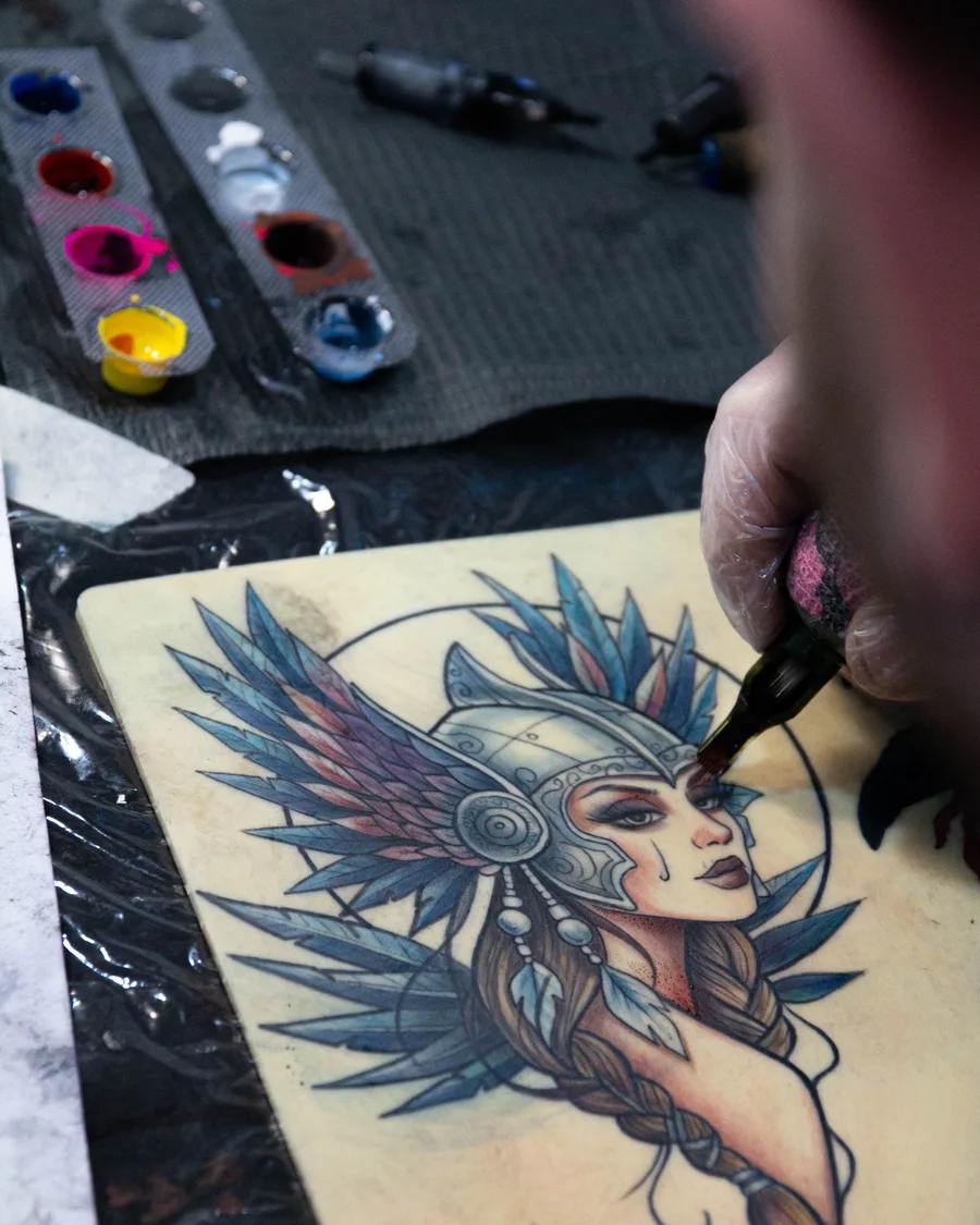 Diseño de un guerrero azteca a color para tatuar en la escuela ESAP de Madrid Diseño de un guerrero azteca a color para tatuar en la escuela ESAP de Madrid